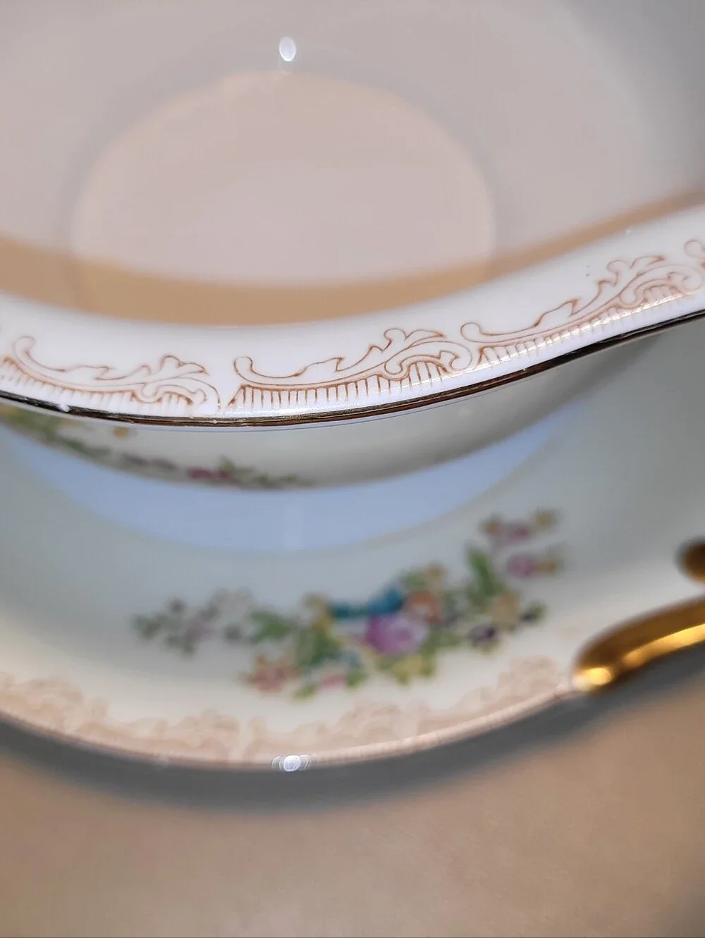 Mieto Porcelain Hand Painted Gravy Boat with Attached Saucer.